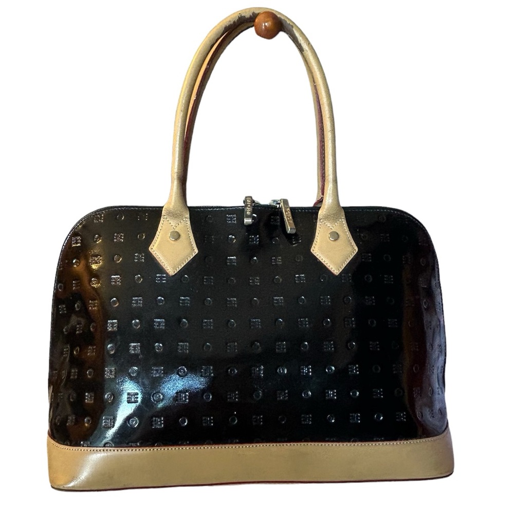 Arcadia Black Patent Embossed Leather Domed Satchel Purse Bag Designer Travel